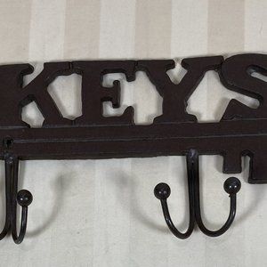 Cast Iron Skeleton Key Holder Wall Mount Brown with 4 hooks KEYS lettering